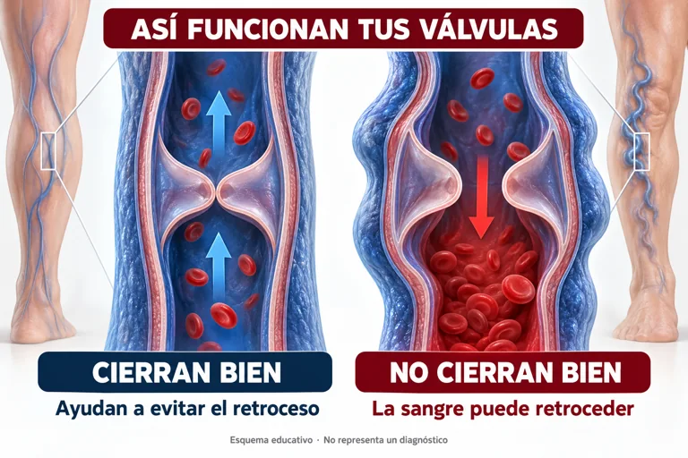 Esquema educativo: a la izquierda, una válvula venosa cierra y ayuda a evitar el retroceso; a la derecha, una válvula no cierra bien y permite que la sangre retroceda. No muestra resultados del suplemento.